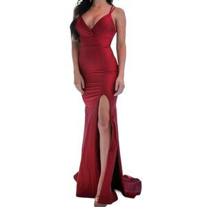 Jessica Angel 314 V-Neck High Leg Slit Strappy Back Gown Dark Red Size Small NWT
